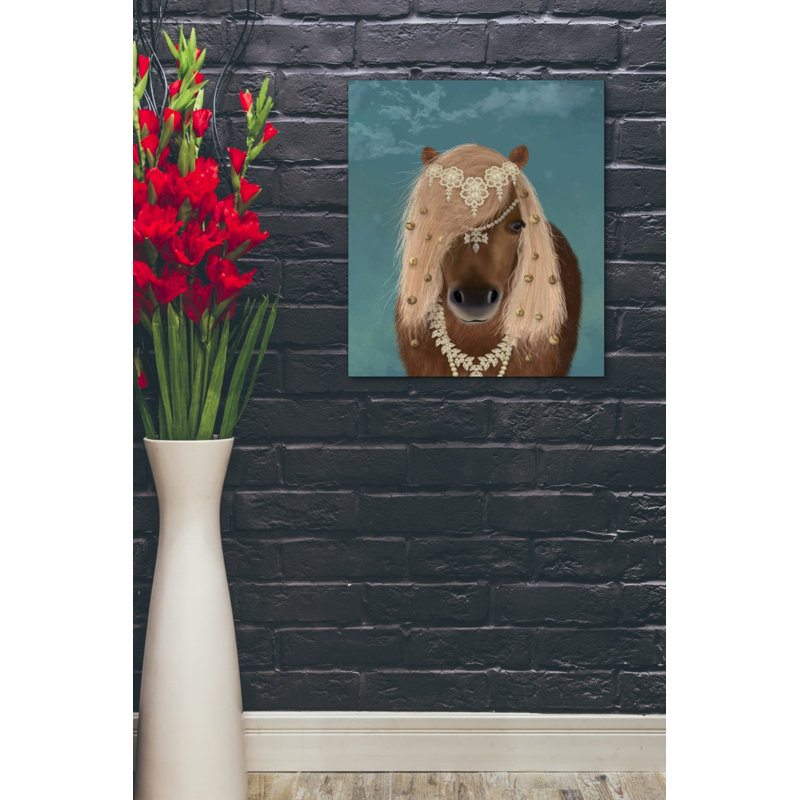 «Horse Brown Pony with Bells, Portrait» par Fab Funky, art mural sur toile, H 24 po x l 20 po x P 0,75 po