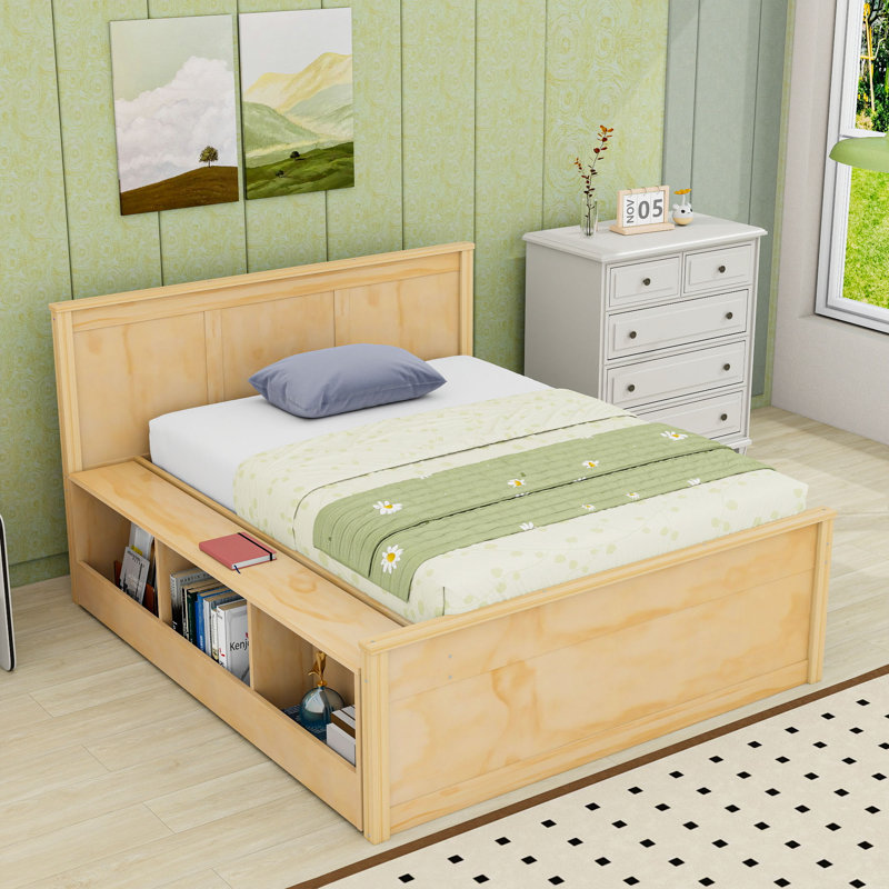 Lit plateforme en bois avec lit gigogne simple, tête de lit et tablettes intégrées, Naturel, Lit double