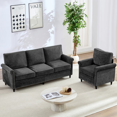 Ensemble de canapé 77 "3 + 1 chenille avec pieds gourde et ressorts ensachés 77"