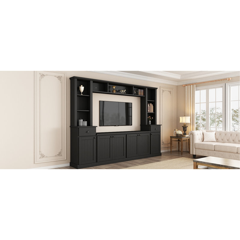 Meuble télé de salon pour téléviseur de 75 po, noir, avec amplement de rangement et tablettes réglables Rangement polyvalent pour une esthétique moderne