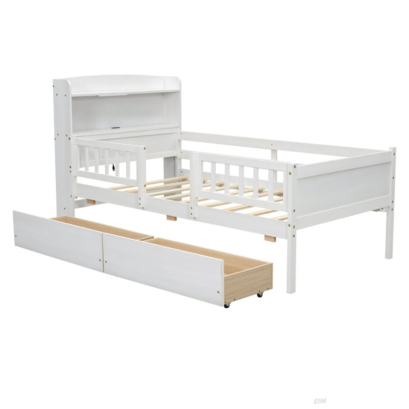 Wood Twin Size Platform Bed With Built-In LED Light, Multi-Functional Headboard, Guardrail And 2 Drawers (Bed), White