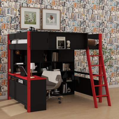 Lit mezzanine double en bois avec bureau intégré et tiroirs, lit orienté jeu avec amplement d'espace de rangement et d'éclairage