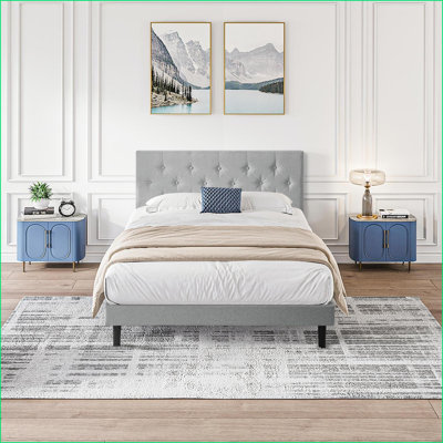 Queen Size Upholstered Platform Bed Frame with Tufted Linen Headboard – No Box Spring Needed, Wood Slat Support, Grey