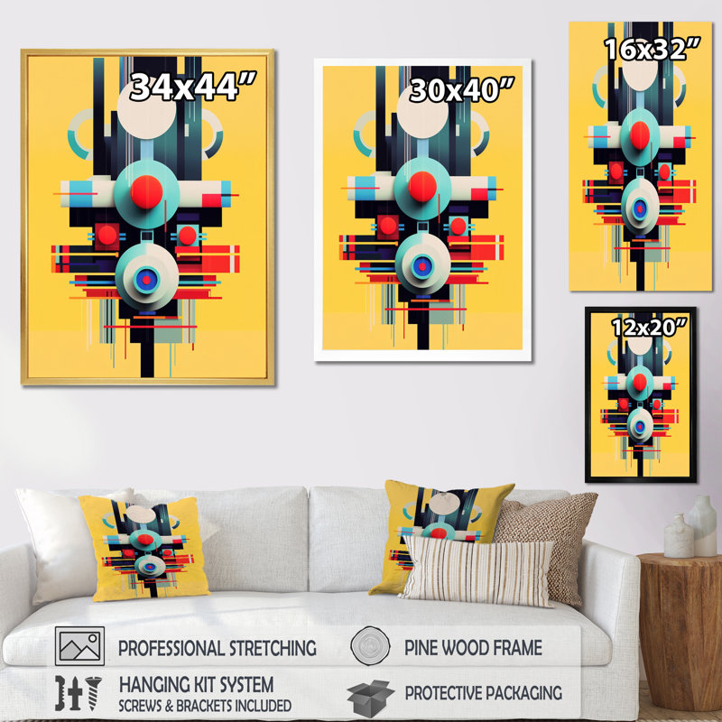 Minimal Retro géométrie sur jaune - impression sur toile géométrique moderne, H 20 po x l 12 po x P 1 po, Cadre flottant doré