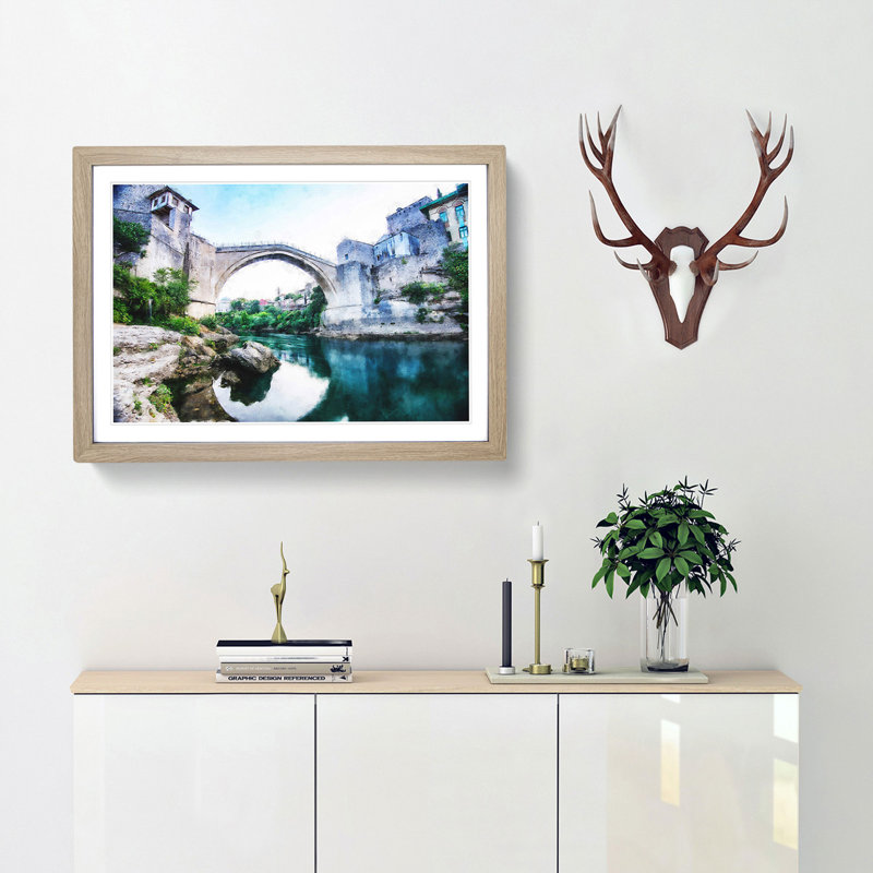 Stari Most Old Bridge - Picture Frame Graphic Art Print, 62cm H x 87cm W x 2cm D, Oak Framed