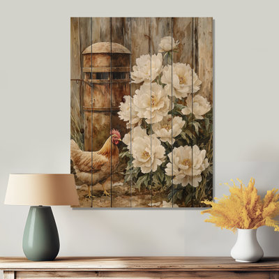 Ferme pivoines à la mangeoire à poulets I - Art mural en bois pivoines - sur bois de pin naturel