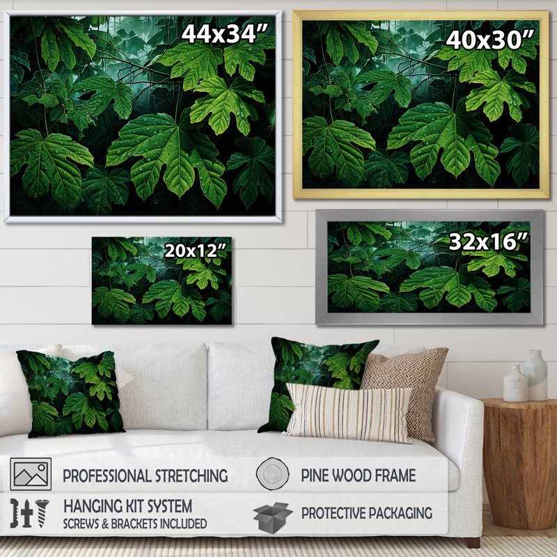 Toile émeraude, feuilles de forêt tropicale - herbes, reproduction d'art sur toile, Toile tendue, H 12 po x l 20 po x P 1 po