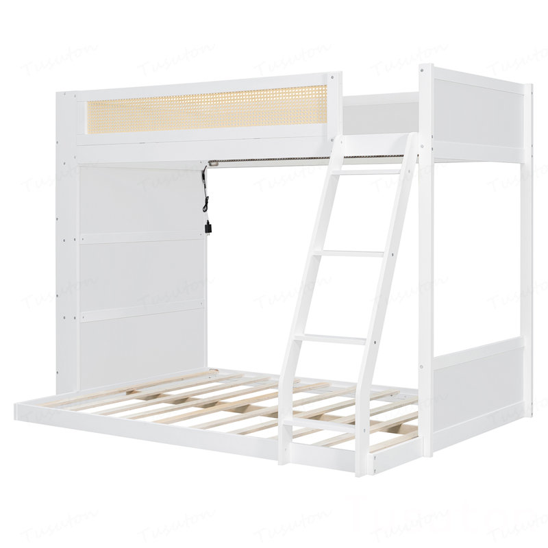 Lit simple superposé au dessus d'un lit double avec tablette et DEL, Blanc