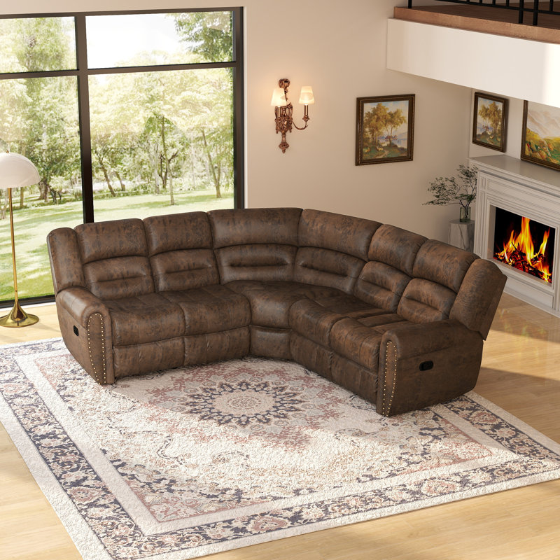Canapé modulaire inclinable manuel en faux cuir Manasas 3 pièces de 97,8 po de largeur, Similicuir brun