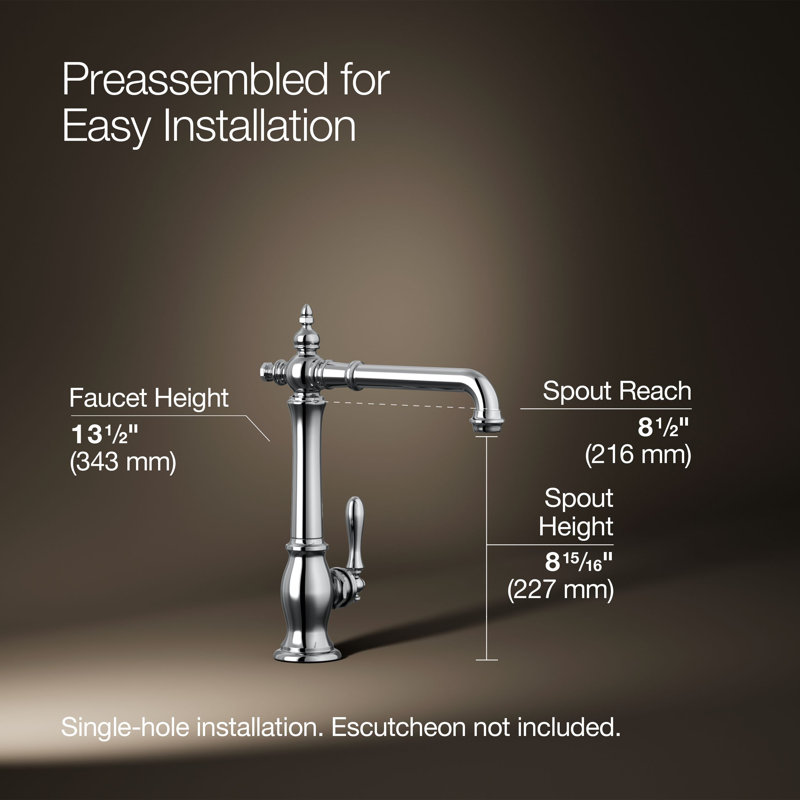 Artifacts Single-Hole Kitchen Sink Faucet with 13-1/2-in Swing Spout, Victorian Spout Design, Polished Chrome