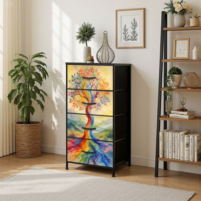 4 Drawer Vertical Storage Dresser Vibrant Rainbow Tree Colorful Leaves Flowing Trunk with Wood Top Fabric Pull Drawers