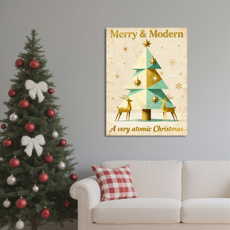 Arbre de Noël joyeux et moderne avec cerf et étoiles, reproduction d'art sur toile tendue sur toile, ensemble de 1