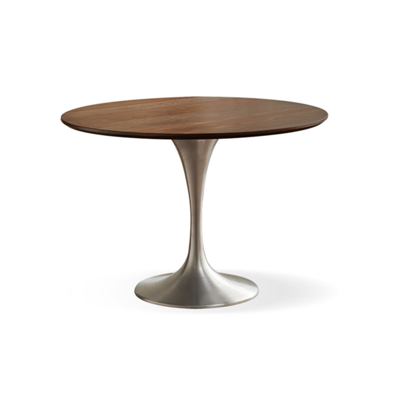 Black Walnut Color+Silver Round Solid Wood+Stainless Steel Dining Table, 29.53"H x 43.31"L x 43.31"W