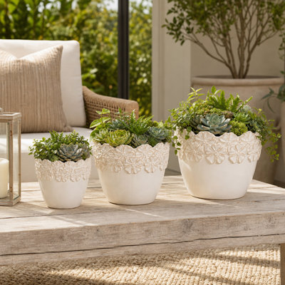 Modern Round Floral Ceramic Outdoor Planters for Garden Patio Decor - Decorative Indoor Flower Pots for Living Room & Home Display - Ivory & Tan