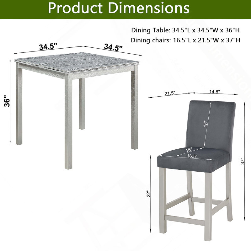 Ensemble de table 5 pièces à hauteur de comptoir, ensemble de table de cuisine en bois avec table carrée et 4 chaises rembourrées, ensemble de table de salle à manger à hauteur de comptoir avec décoration en cristal et ensemble de chaises, gris argenté