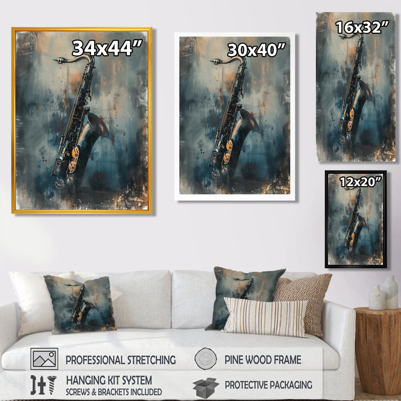 Gris saxophone Sizzle Portrait - musique Jazz Wall Art salon, Toile tendue, 40" H x 30" W