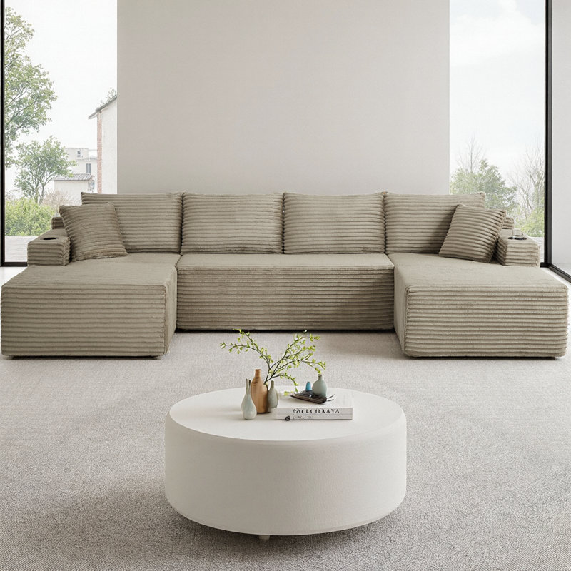 Canapé modulaire compressible en forme de U avec méridienne et rangement, canapé modulaire de style minimaliste pour le salon, canapé en velours côtelé 6 places, aucun assemblage requis