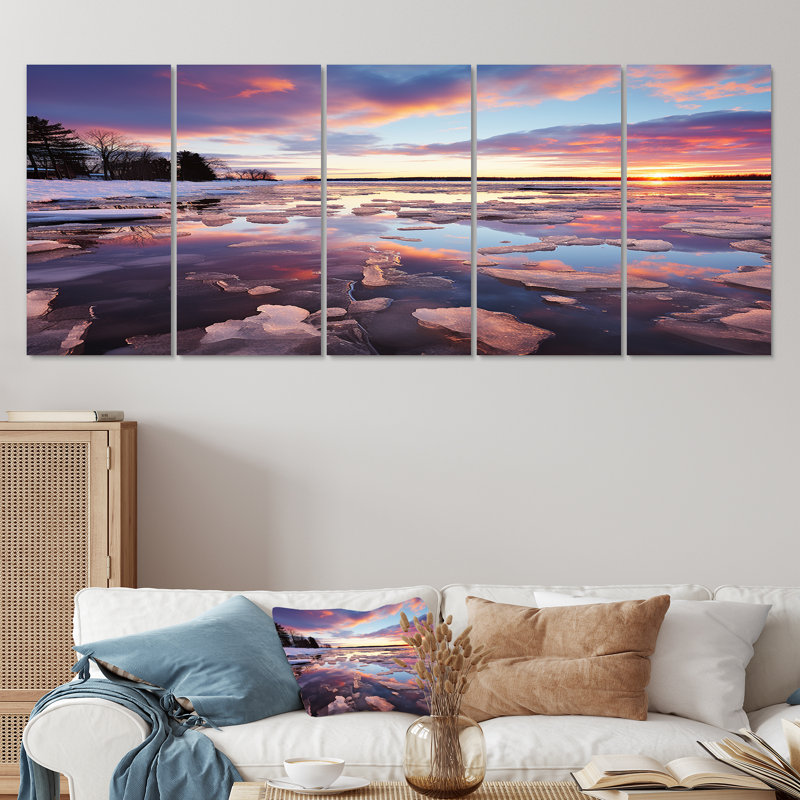 «Winter Sunset Over Icy Forest River», ensemble de 5 décorations murales au coucher du soleil, H 32 po x l 80 po