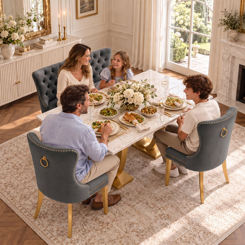 Ensemble de coin repas 3 pièces avec banc capitonné et chaises de salle à manger rembourrées, Doré, Gris, Doré