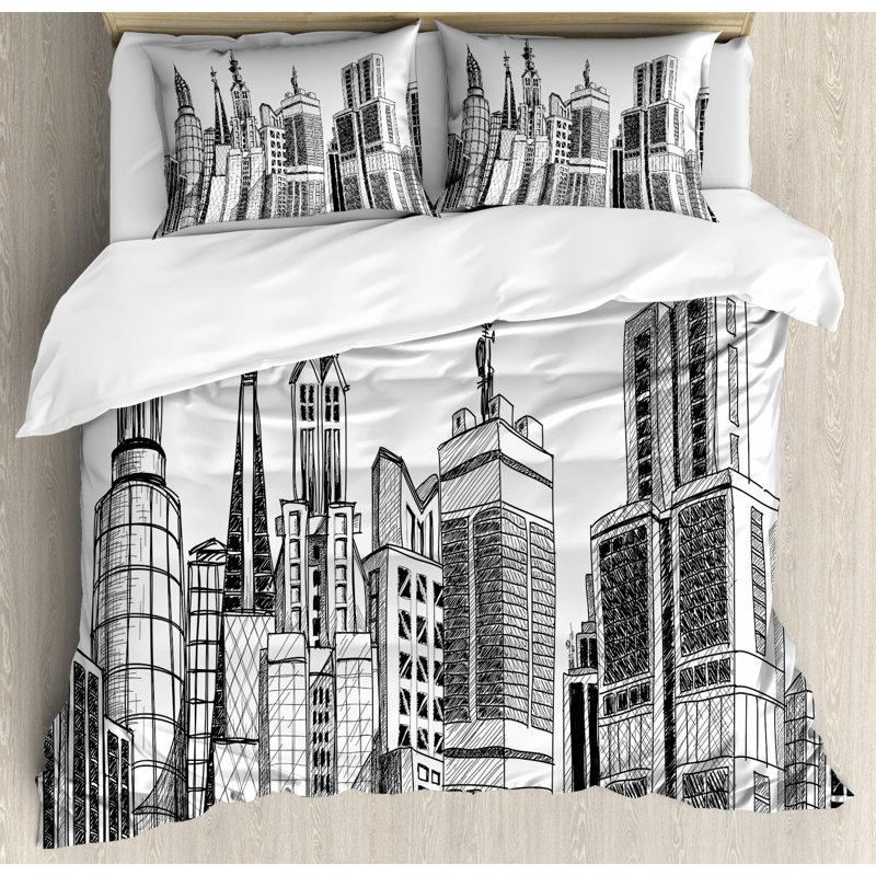 Modern & Contemporary Polyester Duvet Cover, Queen Duvet Cover + 2 Pillow Shams, Urban Arhitecture Sketch