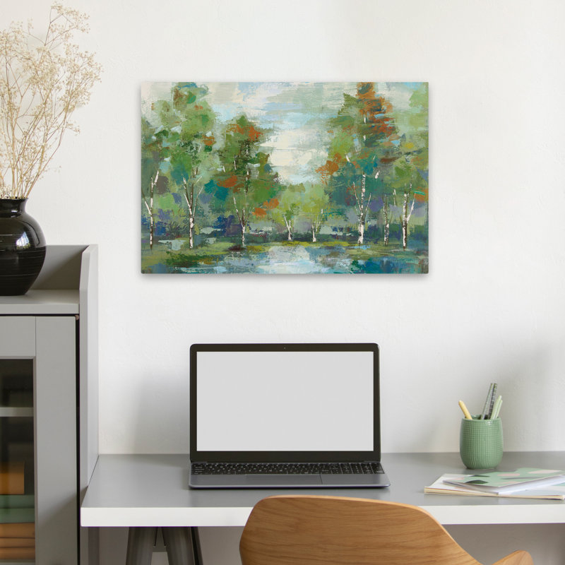 Forêt à l'aube, culture turquoise - forêt bleue, lac vert, H 24 po x l 16 po