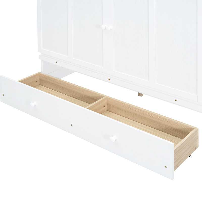 Lit blanc avec port et armoire spacieuse avec tiroir - Stable et vaste rangement, Full, White