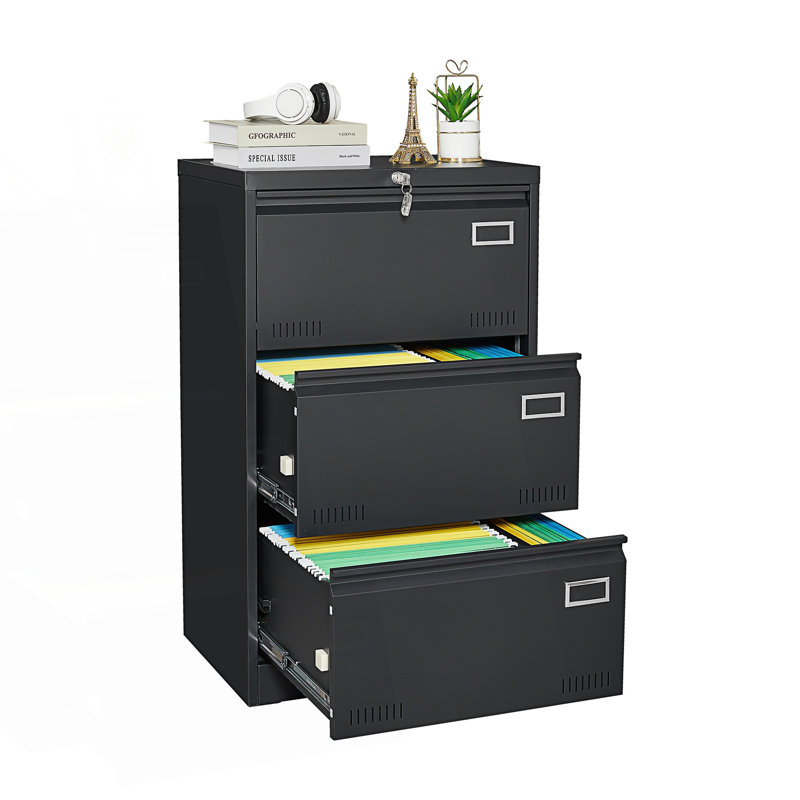Filing Cabinet, Lateral File Cabinet With 3 Drawer, Living Room Storage Cabinet, Black