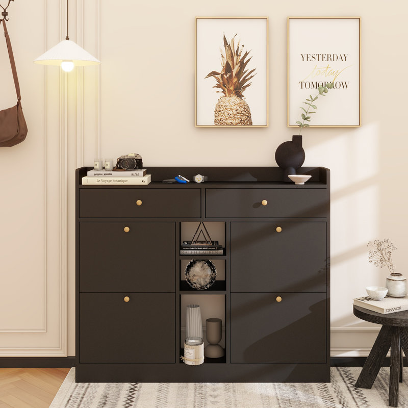 Modern Shoe Cabinet With 4 Flip Drawers, Multifunctional 2-Tier Shoe Storage Organizer With Drawers, Free Standing Shoe Rack For Entrance Hallway