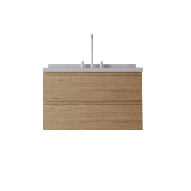 Meuble-lavabo flottant en chêne 36 po avec lavabo intégré, plateau et dosseret en marbre de culture, portes à fermeture en douceur