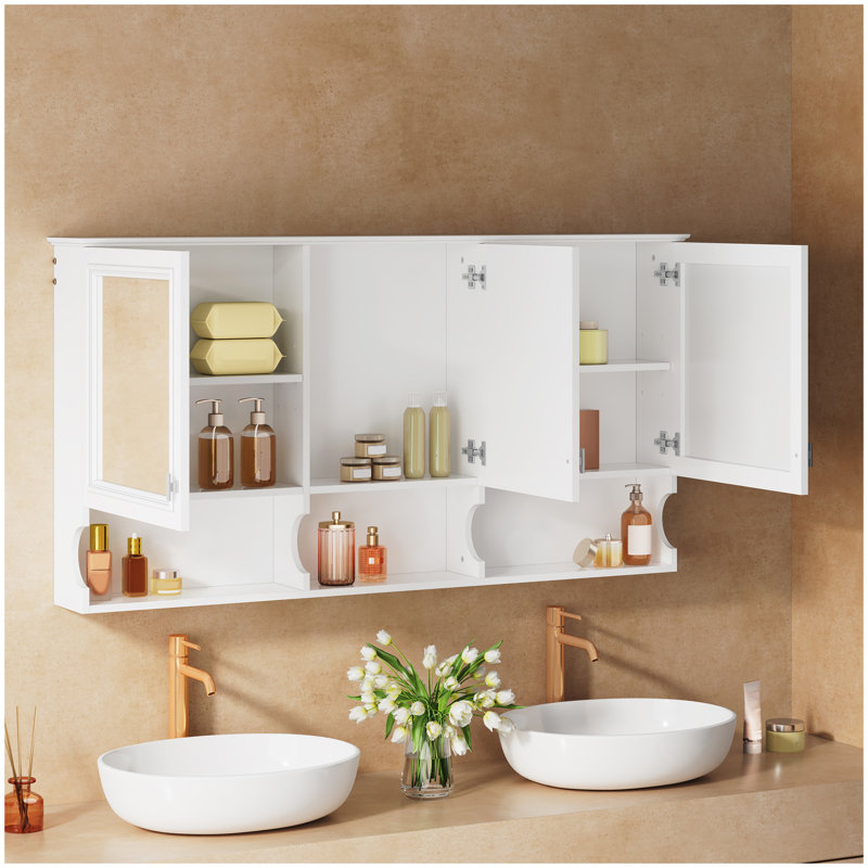 Armoire à pharmacie 55 po avec tablettes ouvertes, rangement mural avec portes et miroir, tablette réglable, armoire de rangement pour salle de bain au-dessus de la toilette