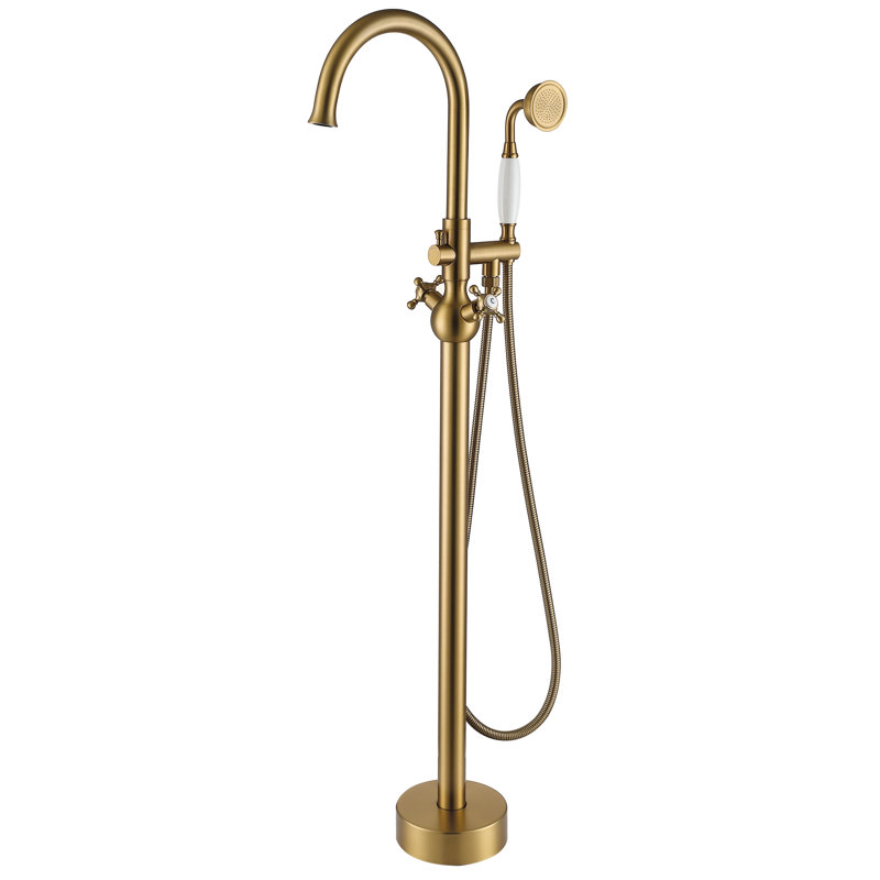 2 Handle Freestanding Tub Filler with Diverter, Brushed Brass