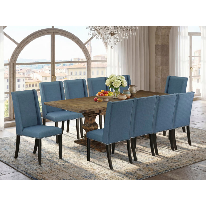 L'ensemble de table de salle à manger moderne 11 pièces comprend une table rectangulaire en bois avec rallonge amovible et 10 chaises rembourrées en tissu bleu lin, patiné Jacobean