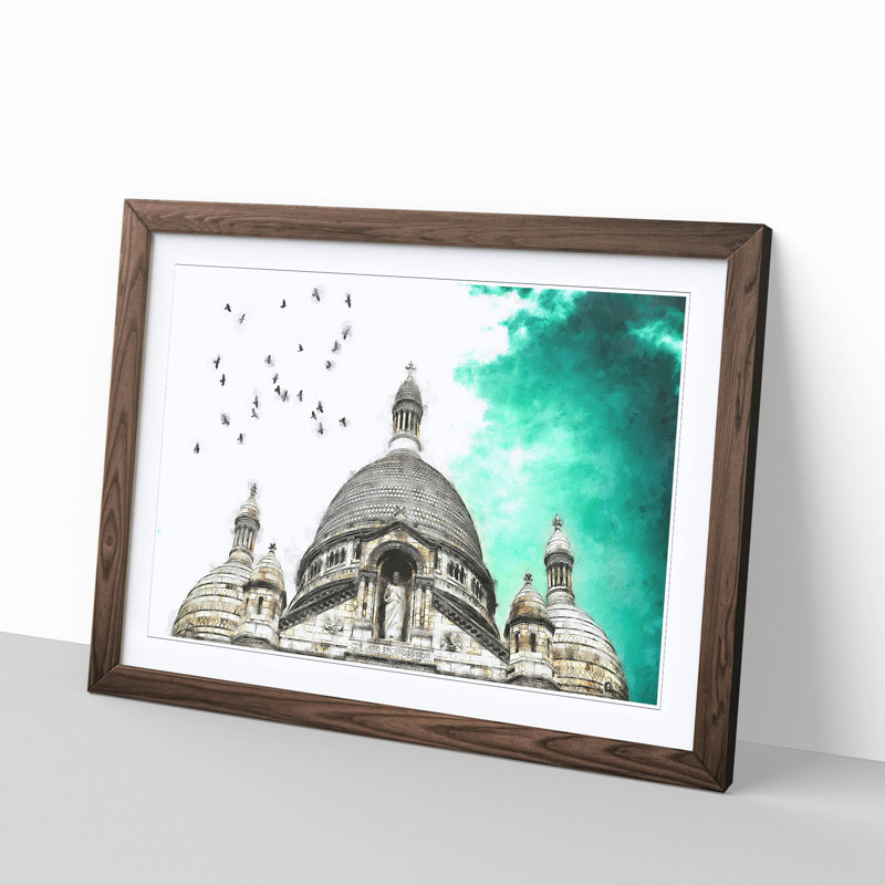 Birds Above Sacre Coeur Paris Painting - Single Picture Frame Print on MDF, Walnut, 24cm H x 33cm W x 2cm D