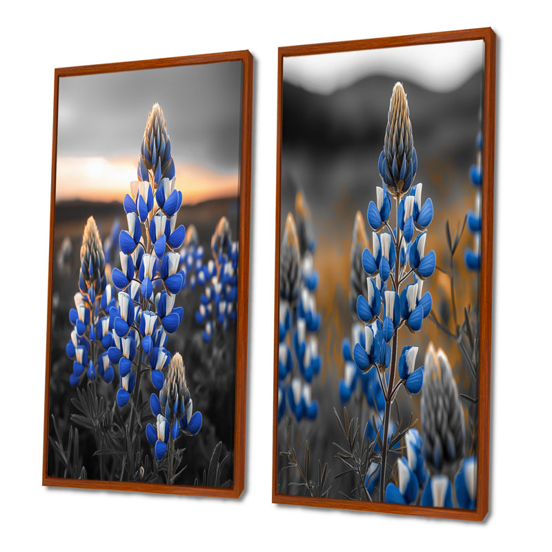 «Blue Bonnets Texas Twilight I», ensemble de 2 bonnets bleus, H 40 po x l 40 po, Cadre flottant brun
