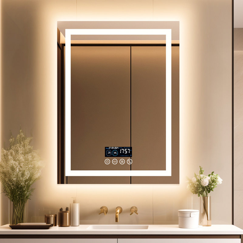 LED Lighted Wall Bathroom Mirror Dimming with Bluetooth Speaker, Front-lit and Backlight, Defog, 80 cm H x 60 cm W