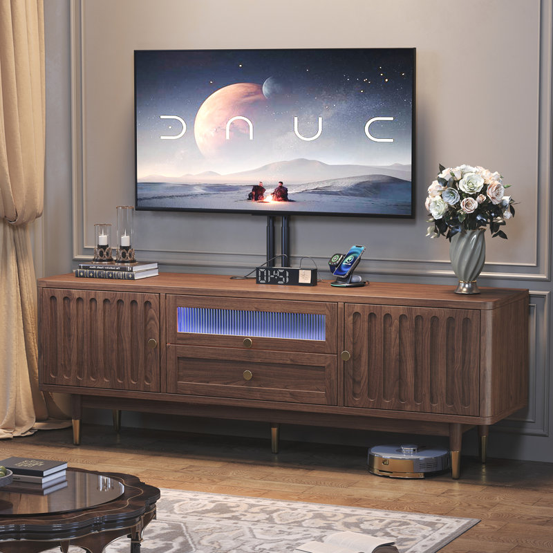 Maggie For 72 Inch Tvs, 63'' Entertainment Center With Storage And Drawer, Led Lighting Charging Station And Arched Design, Mid Century Modern Maggies For Living Room