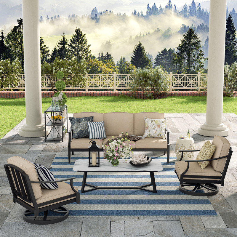  5 Person Aluminum Patio Conversation Seating Group With Sunbrella® Cushions And Sintered Stone Table