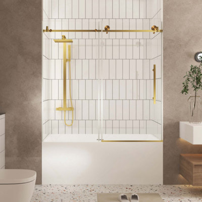 Porte de douche sans cadre, verre trempé transparent de 1/4 po (6 mm), film antidéflagrant, poignée en acier inoxydable