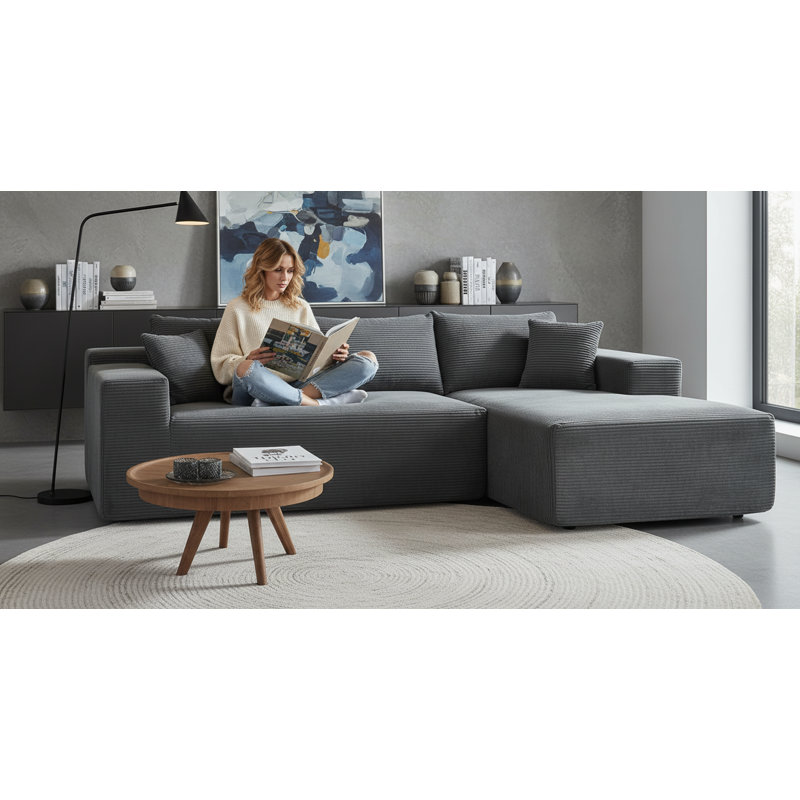 Canapé modulaire en mousse haute densité, Orienté à droite, Velours côtelé gris foncé