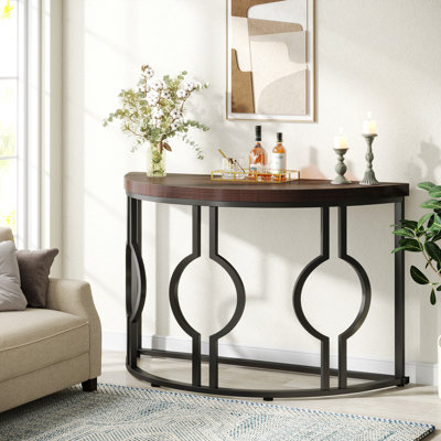 Console demi-lune pour le hall d'entrée, canapé industriel semi-circulaire de 44 pouces avec base géométrique, table d'appoint en bois pour le salon, couloir, vestibule, entrée, brun rustique