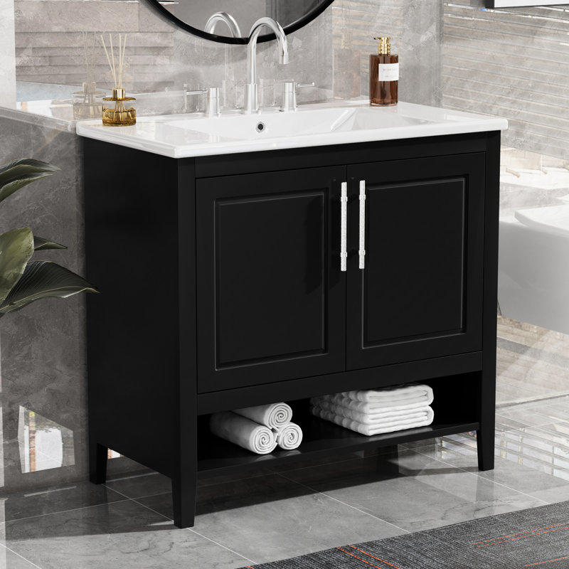 Meuble-lavabo de 36 po, noir avec évier en céramique et bois massif, espaces de rangement multifonctionnels, meuble-lavabo requis, tiroirs de portes et fabrication, luminaire élégant, requis