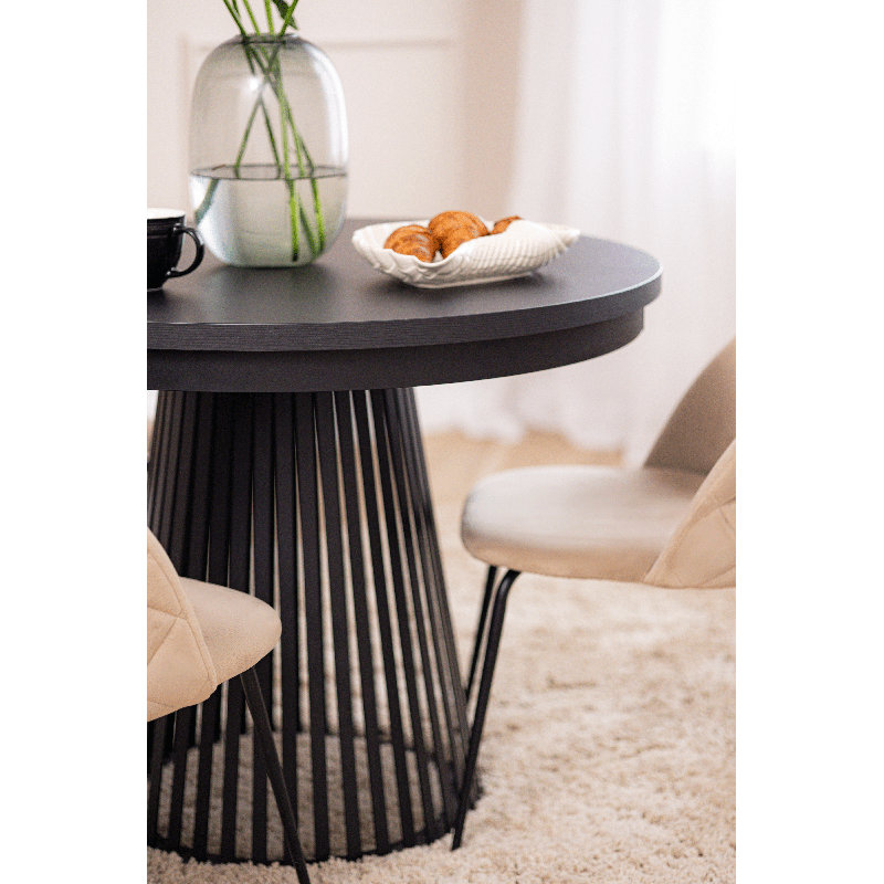 Extendable Round Metal Base Dining Table, Black, Black