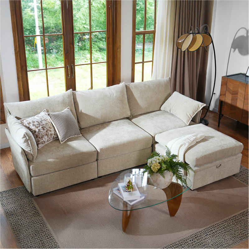 Merchelle 103" Wide Reversible Modern Modular Sectional Sofa With Storage Ottoman -Premium Chenille Fabric, Beige Chenille