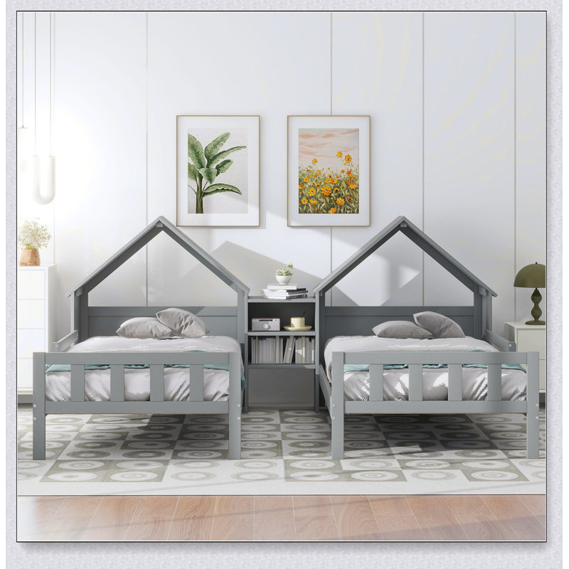 Lit plateforme double avec tête de lit en forme de maison et table de chevet intégrée, Gris