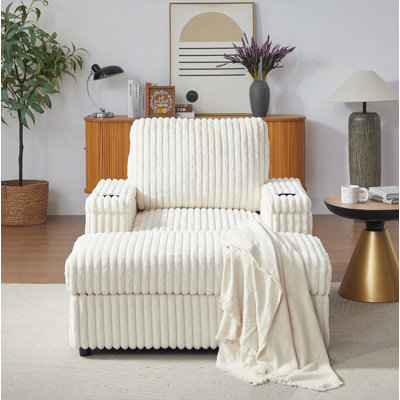Corduroy Recliner with Cup Holder & Storage Footrest – Backrest Pillow, Armrest Storage