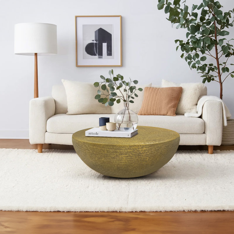 Terminus Coffee Table, 36 Inch Round Bowl Base With Hand Etched Texture, Antique Brass