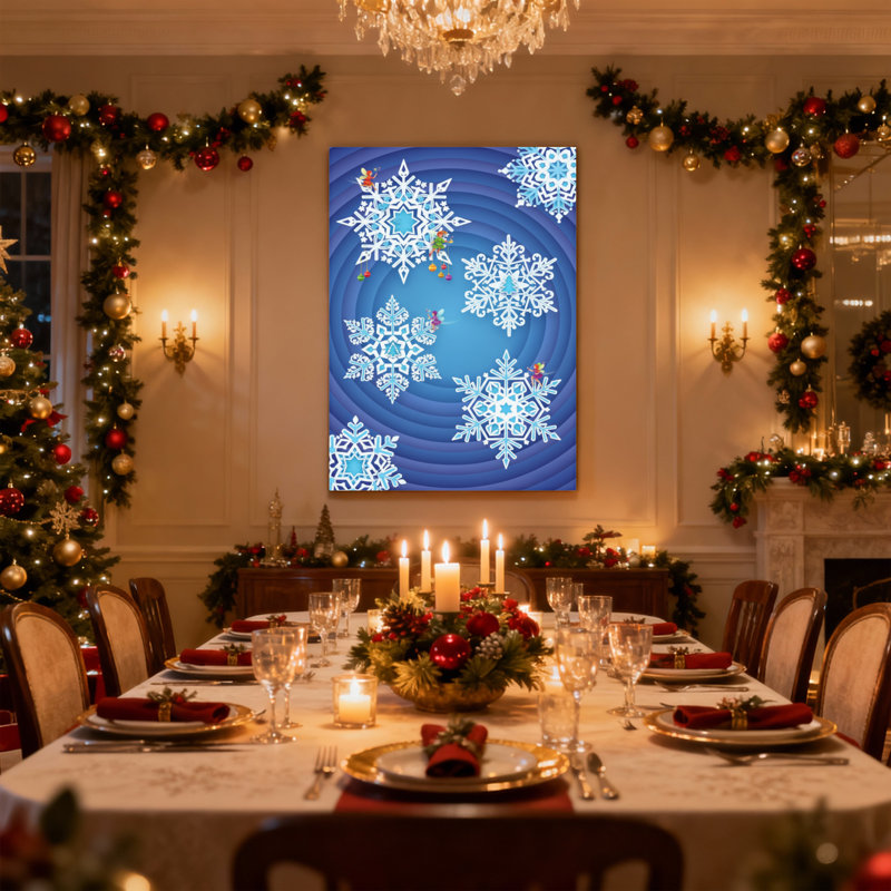 Motif de flocons de neige de Noël sur fond bleu avec des accents colorés, ensemble de 3 impressions d'art sur toile