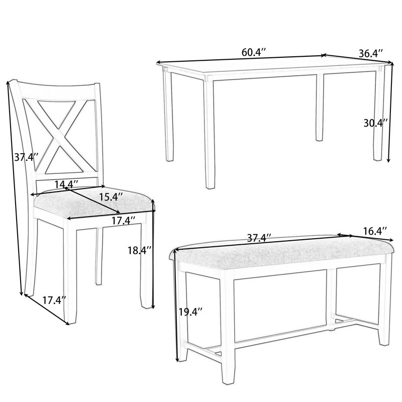Ensemble de salle à manger 6 pièces en bois avec chaises rembourrées et banc pour le salon, Natural Cherry
