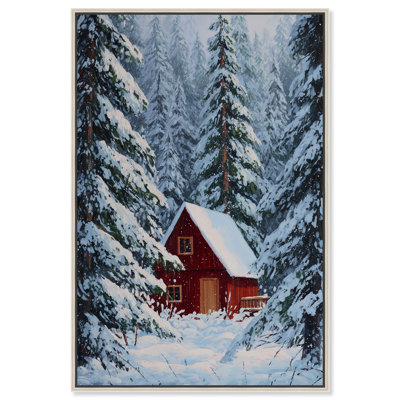 "Red Cabin in the Snow", reproduction d'art sur toile par Art Remedy, cadre argenté, 20 x 30