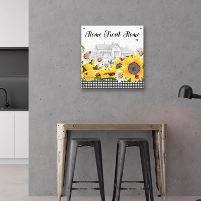 «Sunflowers and Lady Bugs 2» par Jean Plout, art mural en verre acrylique, 24 po x 24 po